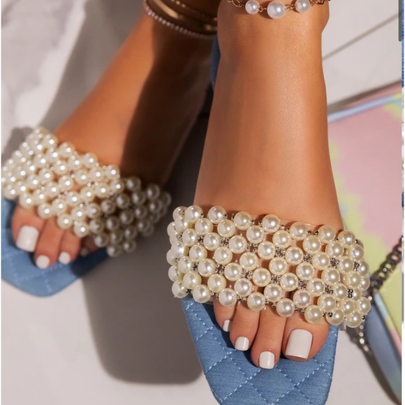 Miss Lola Shoes - Pearl denim quilted glam sandals